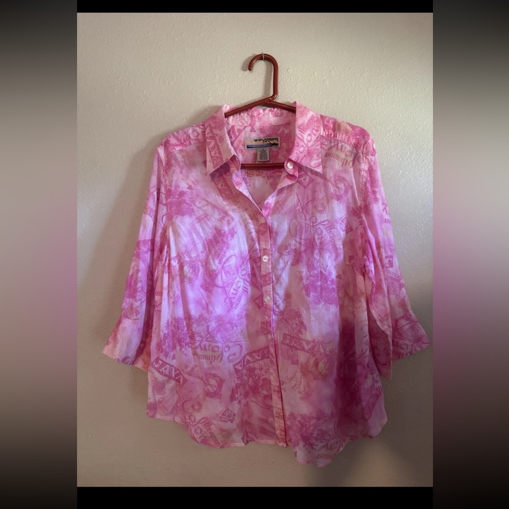 Sunset Cove Pink Half Sleeve Floral Button Down Women’s Blouse 1X